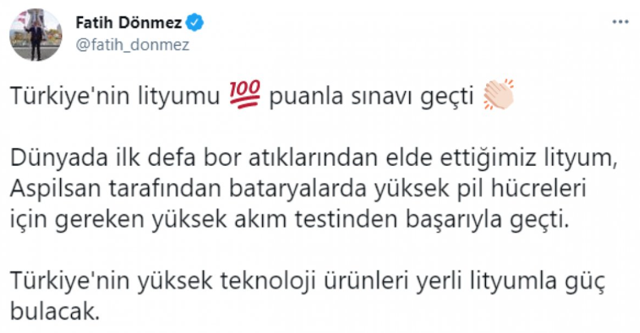 Enerji ve Tabii Kaynaklar Bakanı Fatih Dönmez: Yerli lityum sınavı 100 puanla geçti - Resim: 0