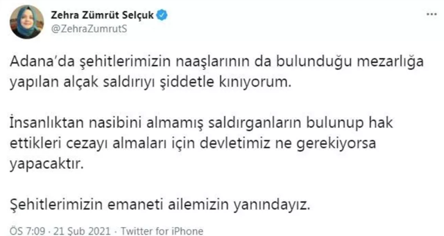 Bakan Zümrüt Selçuk'tan, Adana'da 79 mezarın tahrip edilmesine tepki! - Resim: 0