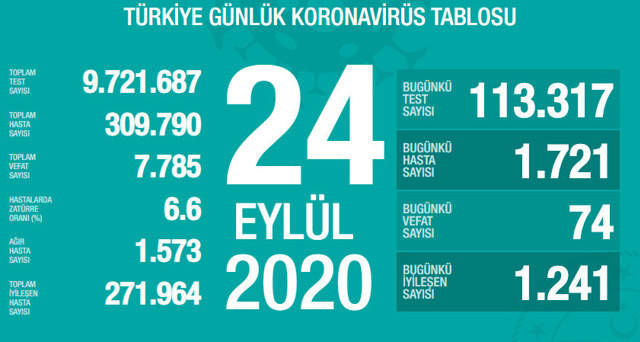 Türkiye'deki corona virüsü vaka ve ölü sayısında son durum (24 Eylül 2020) - Resim: 0