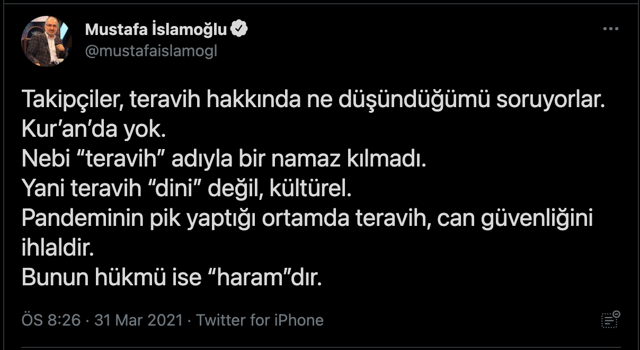 Mustafa İslamoğlu'ndan olay teravih fetvası! Teravih kılmak haramdır - Resim: 0