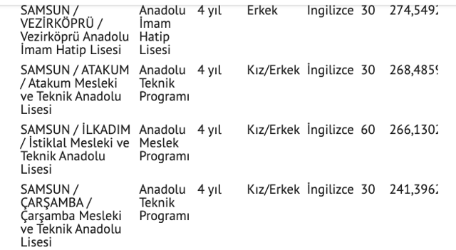 Samsun lise taban puanları 2021 tablosu nitelik lise yüzdelik dilimleri - Resim: 2