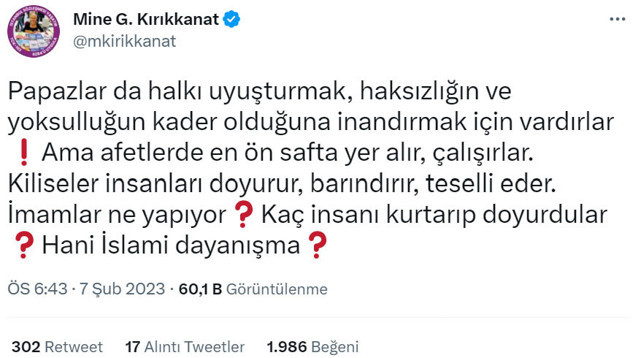 Mine Kırıkkanat deprem sonrası imamları hedef aldı Kaç insanı kurtarıp doyurdular - Resim: 0