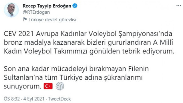 Cumhurbaşkanı Erdoğan, Filenin Sultanları'nı tebrik etti - Resim: 0