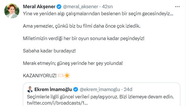 İyi Parti lideri Meral Akşener'den 'kazanıyoruz' paylaşımı - Resim: 0
