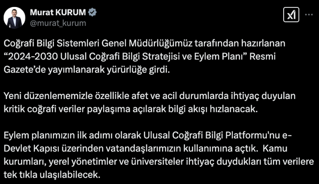 "2024-2030 Ulusal Coğrafi Bilgi Stratejisi ve Eylem Planı" yürürlüğe girdi! Afet ve acil durumlarda veri paylaşımı hızlanacak - Resim: 0