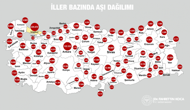 Sağlık Bakanı Fahrettin Koca paylaştı: Türkiye'de iller bazında aşı dağılımı - Resim: 0