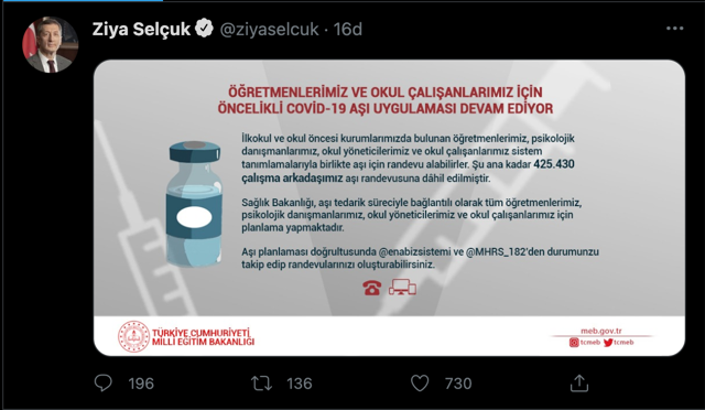 Milli Eğitim Bakanı Ziya Selçuk duyurdu! 425 bin öğretmen aşılanacak - Resim: 0
