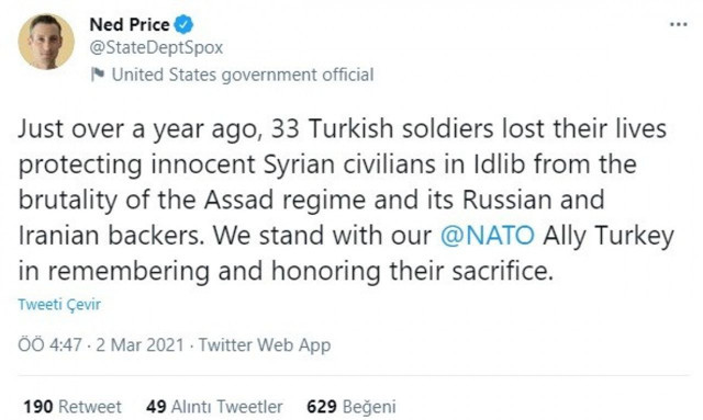 ABD Dışişleri Bakanlığı Sözcüsü Ned Price İdlib şehitlerini andı Türkiye'yi yalnız bırakmıyoruz - Resim: 0