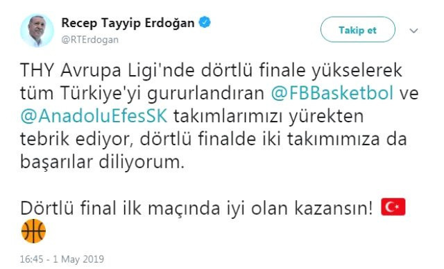Erdoğan'dan Fenerbahçe Beko ve Anadolu Efes'e tebrik - Resim: 0