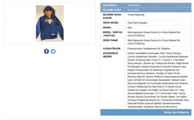 Veliler dikkat! Bir ürün daha bakanlık tarafından yasaklandı: Bu kapüşonlu sweat toplatılıyor - Resim: 0