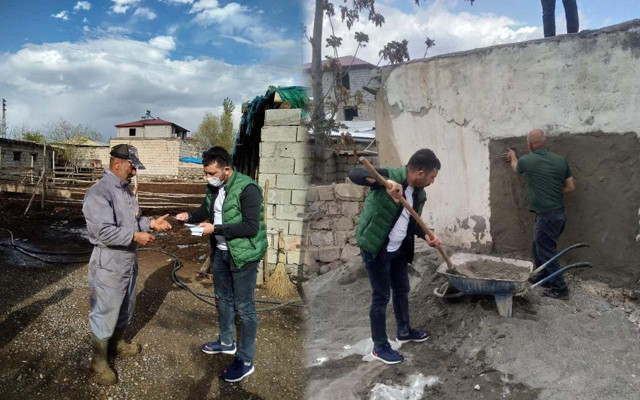 Iğdır'da sofrayı tahta yaparak ders anlatmıştı şimdi de odun kırıp sıva yaptı - Resim: 0