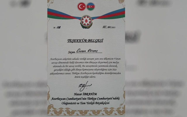 Azerbaycan’dan Anadolu Yayıncılar Derneği ve gazetecilere teşekkür belgesi - Resim: 0