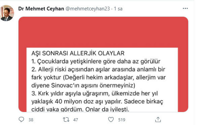 Prof. Dr. Mehmet Ceyhan'dan aşı sonrası alerjik olaylarla ilgili açıklama - Resim: 0