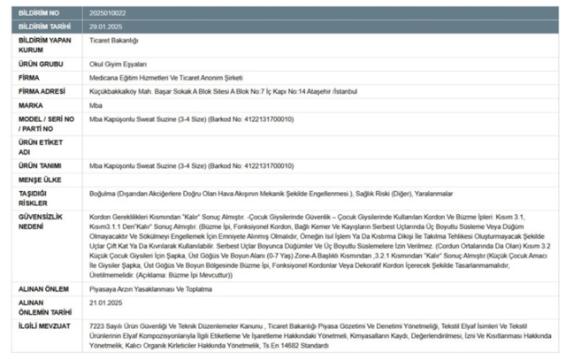 Veliler dikkat! Bir ürün daha bakanlık tarafından yasaklandı: Bu kapüşonlu sweat toplatılıyor - Resim: 1