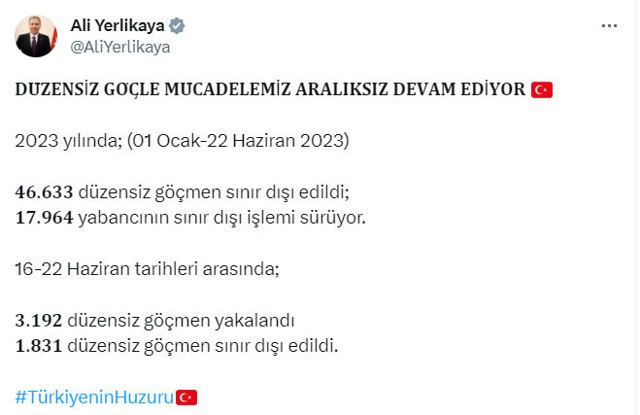 Bakan Ali Yerlikaya açıkladı! Türkiye genelinde bir haftada 1831 düzensiz göçmen sınır dışı edildi - Resim: 0