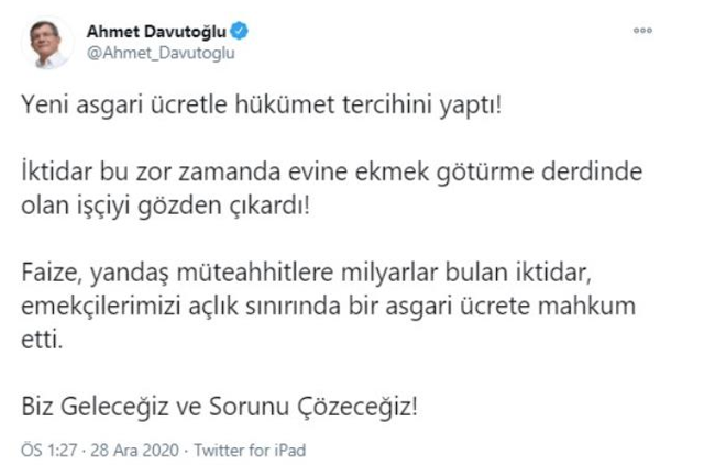 Ahmet Davutoğlu'ndan asgari ücret eleştirisi: Emekçilerimiz açlık sınırında bir ücrete mahkum edildi - Resim: 0