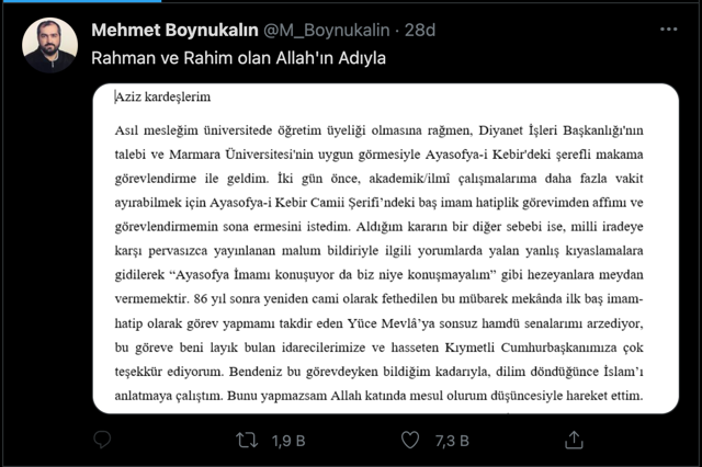 Ayasofya baş imamlığından ayrılan Mehmet Boynukalın'dan açıklama geldi! Bakın neden bırakmış - Resim: 0