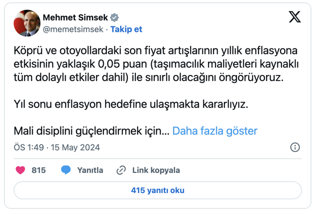 Mehmet Şimşek'ten köprü-otoyol zammı açıklaması - Resim: 0