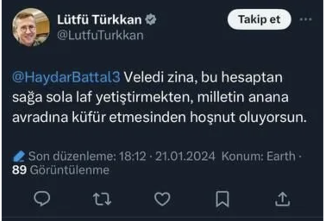 Lütfü Türkkan yine bildiğiniz gibi! Bir kullanıcıya küfür etti “P.ç! Veledi zina! - Resim: 0