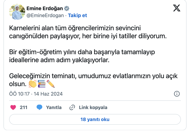 Emine Erdoğan'dan karne alan öğrencilere mesaj - Resim: 0