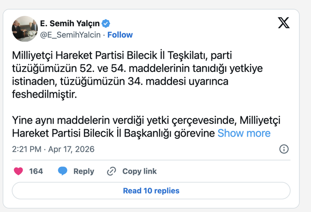 Semih Yalçın duyurdu! MHP Çanakkale ve Bilecik teşkilatını feshetti - Resim: 0