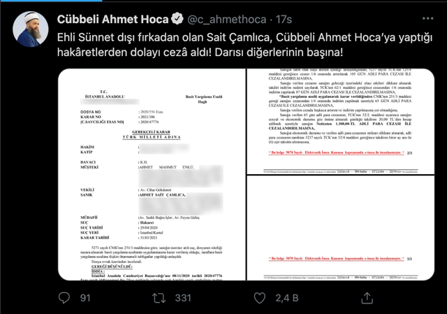 Cübbeli Ahmet Hoca, ilahiyatçı Sait Çamlıca'dan tazminat kazandı! Koronavirüs duası cezası - Resim: 0