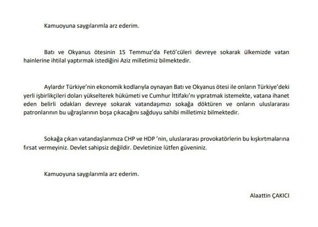 Alaattin Çakıcı dolar kuru sonrası sokağa çıkanlara mektup yazdı! Fırsat vermeyin... - Resim: 0