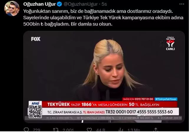 Oğuzhan Uğur, 'Türkiye Tek Yürek' kampanyası yayınına bağlanmak istedi ama... - Resim: 0