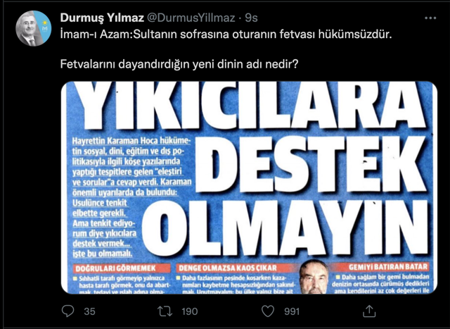 İYİ Partili Durmuş Yılmaz Hayrettin Karaman'a sordu: Fetvalarını dayandırdığın yeni dinin adı ne? - Resim: 0