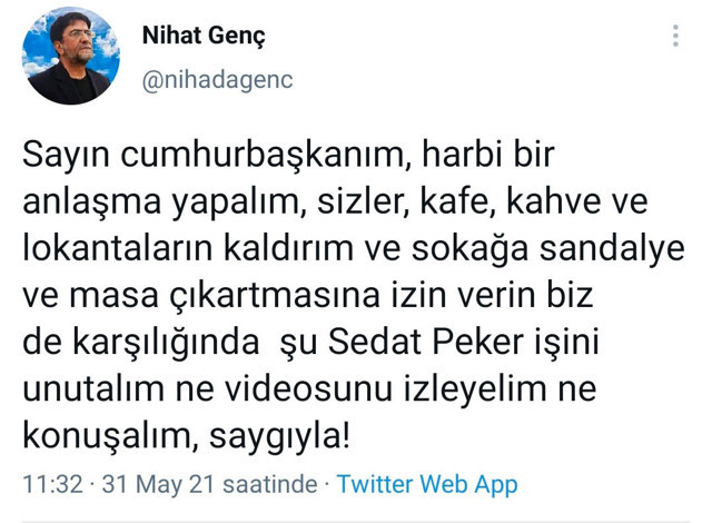 Yazar Nihat Genç'ten Cumhurbaşkanı Erdoğan'a olay Sedat Peker önerisi - Resim: 0