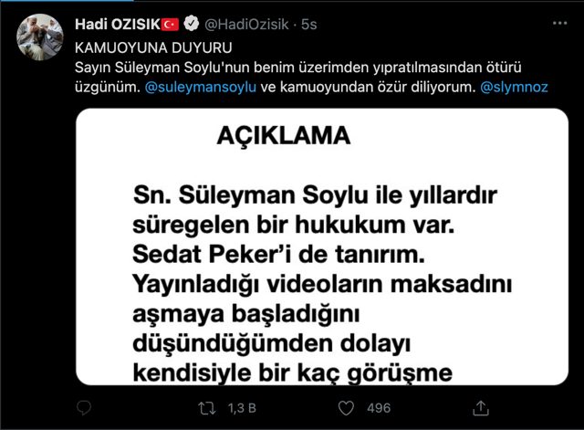 Hadi Özışık'tan açıklama: Süleyman Soylu'dan ve kamuoyundan özür diliyorum - Resim: 1
