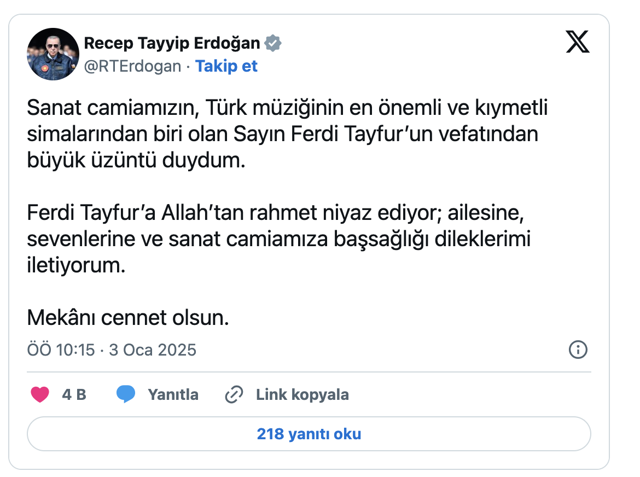 Erdoğan'dan Ferdi Tayfur için başsağlığı mesajı - Resim: 0