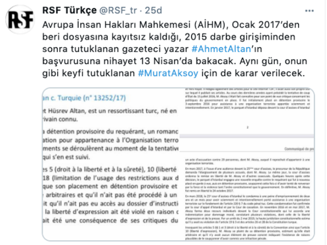 AİHM, Ahmet Altan’ın başvurusuna 13 Nisan’da bakacak! RSF duyurdu - Resim: 0