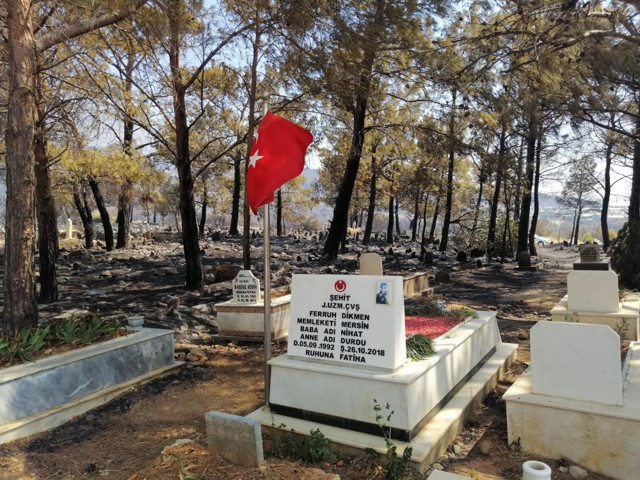 Mersin'deki yangında mezarlık yandı şehidin kabri ve Türk bayrağı sapasağlam kaldı - Resim: 0