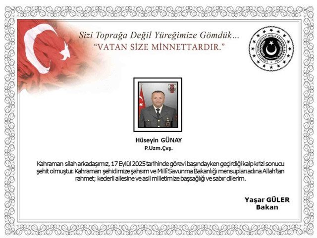 MSB acı haberi duyurdu! Piyade Uzman Çavuş Hüseyin Günay şehit oldu - Resim: 0