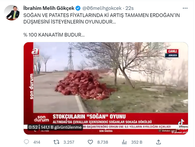 Melih Gökçek: Soğan ve patates zammı Erdoğan'ı düşürmek isteyenlerin oyunu! Yüzde yüz kanaatim budur - Resim: 0
