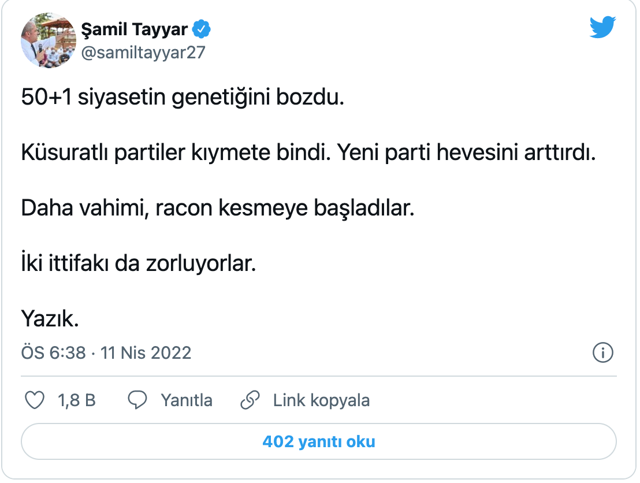 Şamil Tayyar'dan bomba 50+1 eleştirisi! 'Küsuratlı partiler racon kesmeye başladı' - Resim: 0