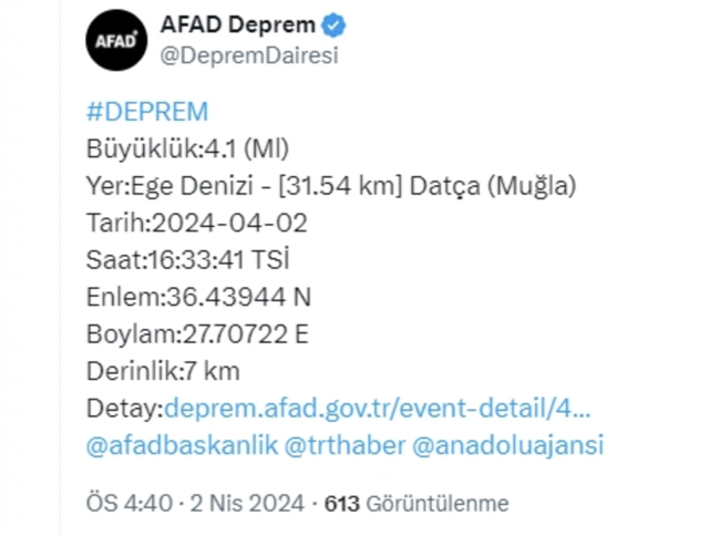 Muğla'nın Datça ilçesinde 4.1 büyüklüğünde deprem! - Resim: 0