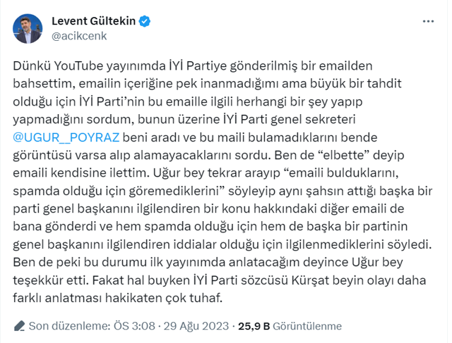 İYİ Parti'den Levent Gültekin'e 'mail' doğrulaması! Geldi ama bir başka parti başkanıyla ilgili - Resim: 1