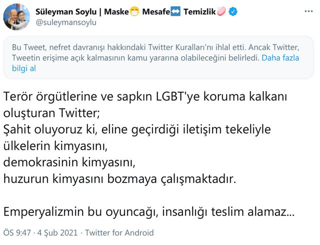 Twitter, Bakan Süleyman Soylu’nun iki paylaşımını daha engelledi! - Resim: 1