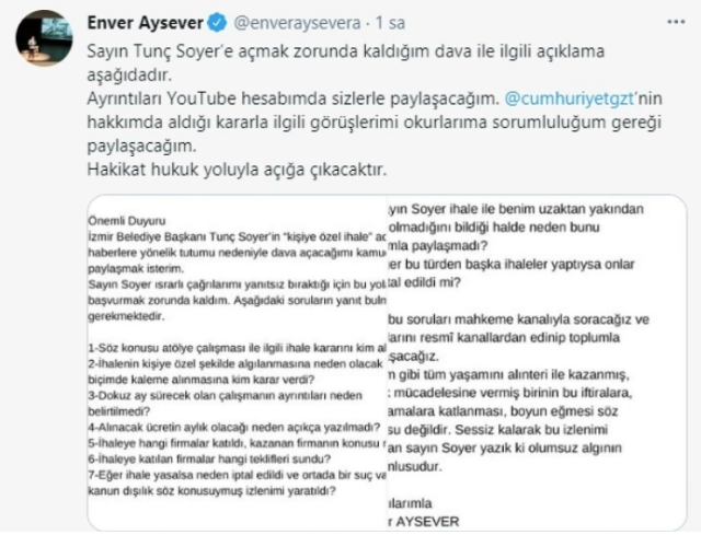 Enver Aysever'den Tunç Soyer'e dava! 9 madde sıralayıp topa tuttu - Resim: 0