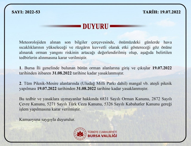 Bursa'da ormanlara giriş ve tüm piknik alanlarında mangal yasaklandı - Resim: 0