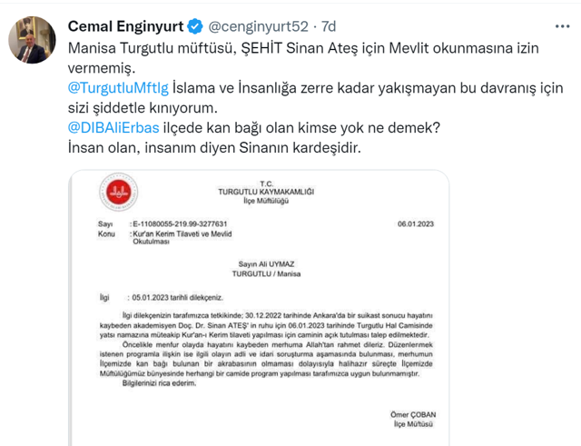 Müftülük Ülkücü Başkan Sinan Ateş için mevlit okunmasına izin vermedi! Gerekçe kızdırdı... - Resim: 0