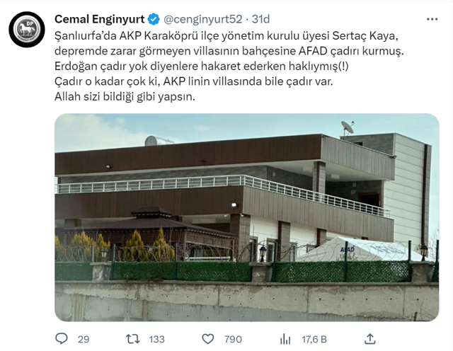 "Bari depremde, afette torpil, kayırmacılık yapmayın"! Villasının yanına AFAD çadırı kurdu - Resim: 1