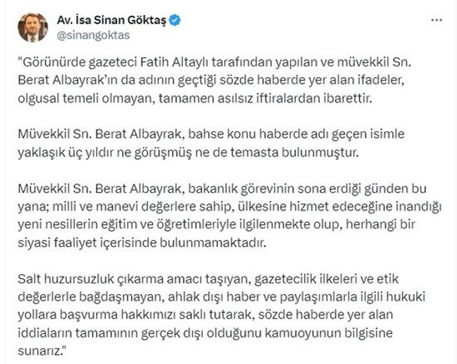 Berat Albayrak'tan Fatih Altaylı'ya sert yalanlama! 'Görünürde gazeteci' huzursuzluk çıkarmak istiyor - Resim: 0