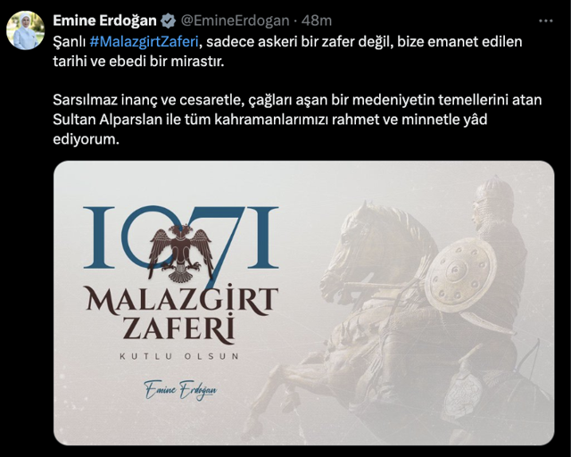 Emine Erdoğan, Malazgirt Zaferi'nin 953. yıl dönümünü kutladı - Resim: 0