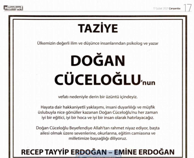 Cumhurbaşkanı Erdoğan ve eşi vefat eden Doğan Cüceloğlu için taziye ilanı verdi - Resim: 0
