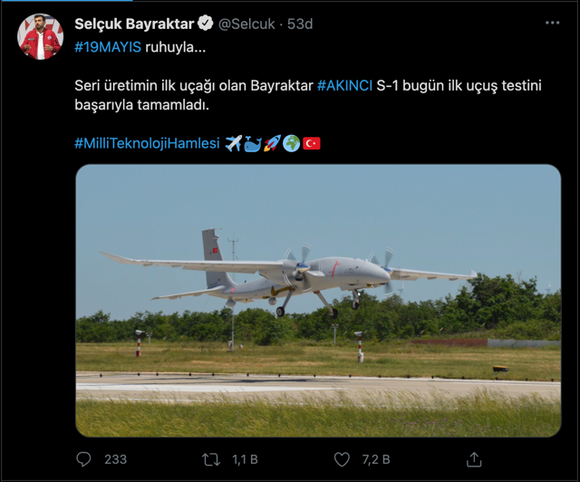 Selçuk Bayraktar paylaştı! Bayraktar Akıncı S-1 bugün ilk uçuş testini başarıyla geçti - Resim: 0