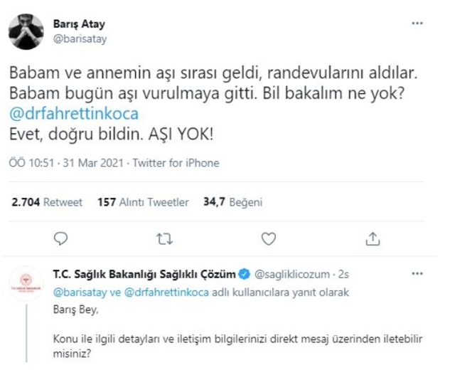 Barış Atay'ın "Annem-babam aşı vurulmaya gitti, aşı yok" paylaşımına Sağlık Bakanlığı'ndan yanıt - Resim: 0