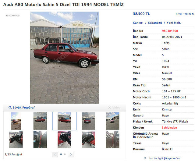 1994 model Tofaş Şahin S'e Audi A80 motoru takıp satışa çıkardı - Resim: 0